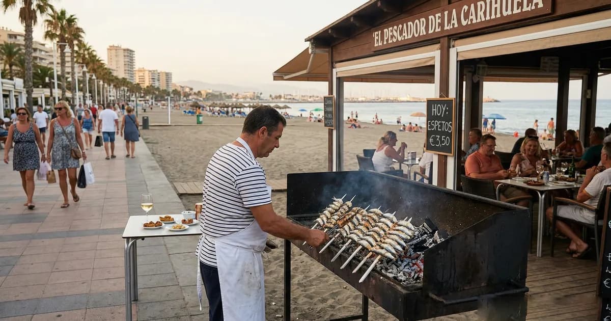 Chiringuito restaurant with espetos on the beach in La Carihuela, Torremolinos