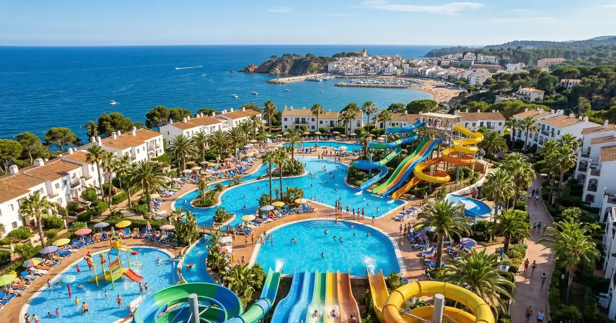 Family waterpark resort Costa Brava with outdoor pool complex and waterslides