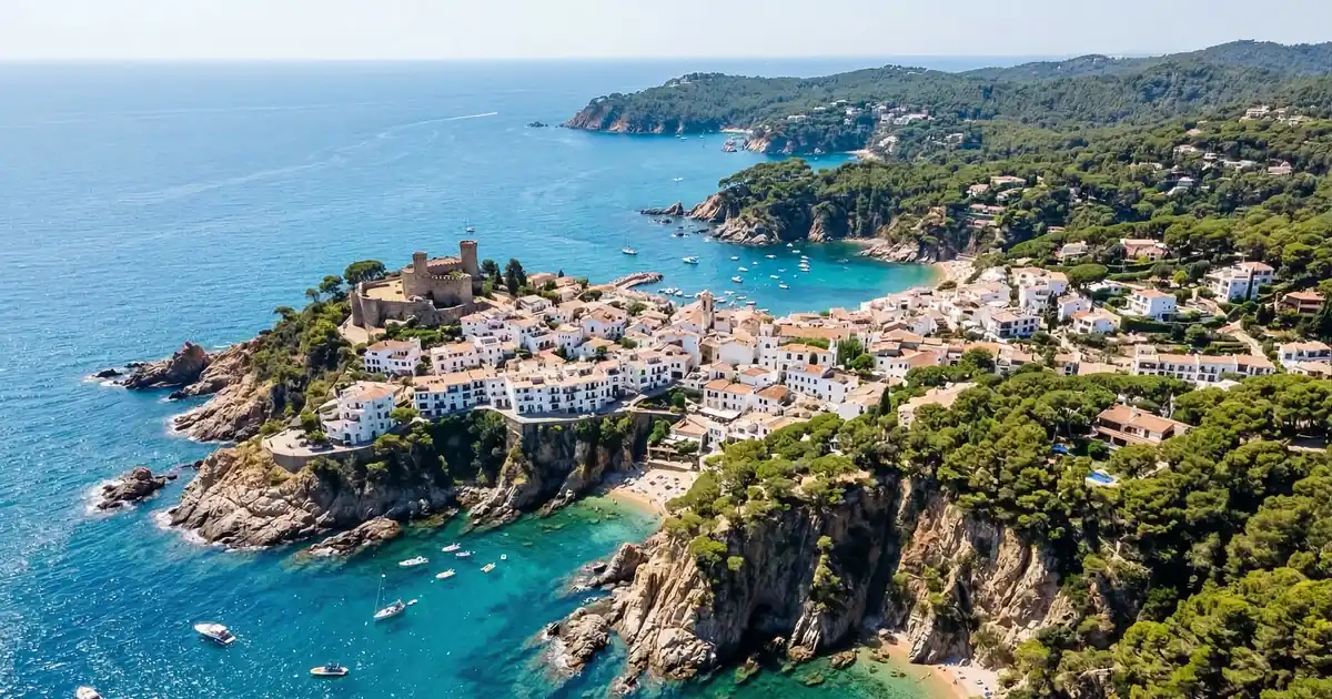 Aerial view of Costa Brava coastline showing coves, villages and Mediterranean sea