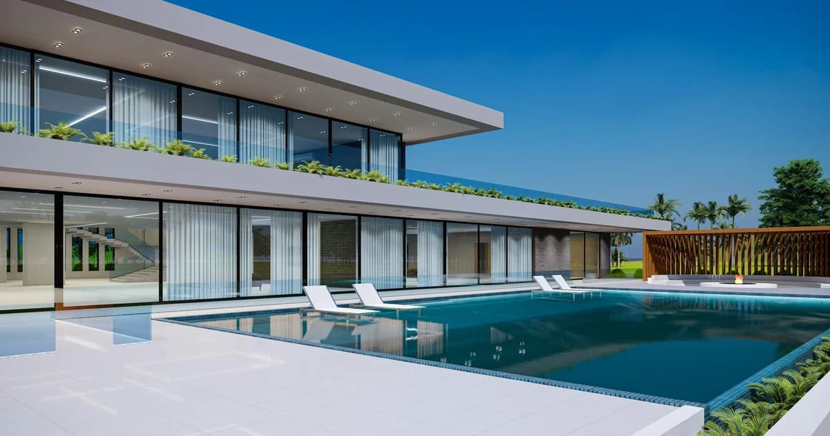 Luxury modern villa on Costa del Sol with heated pool, sun loungers, large glass windows, tropical plants, palm trees, wooden deck.