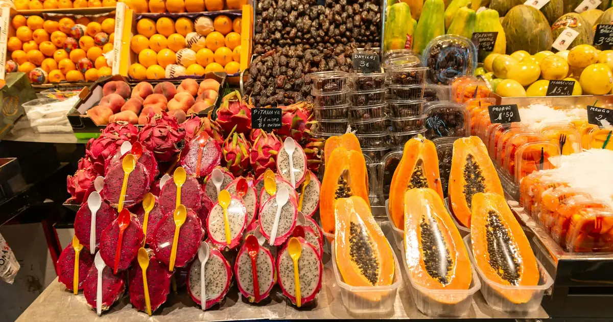 Colourful market stalls in Estepona with local produce, ceramics and crafts under the Andalusian sun