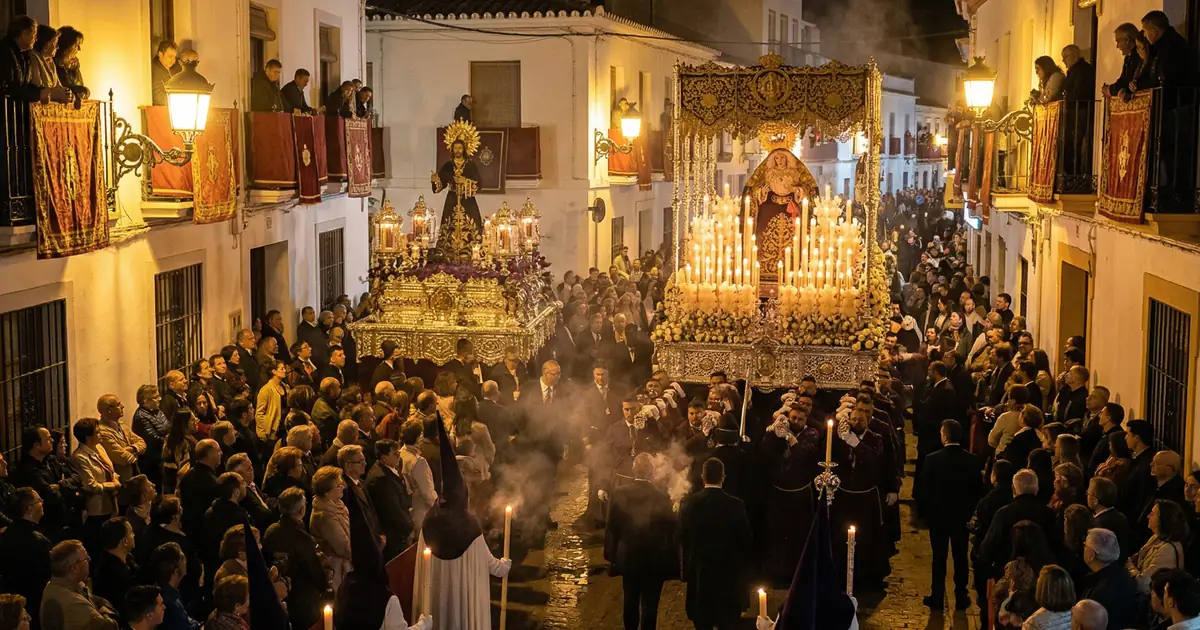 Torremolinos Semana Santa procession at night with lit pasos carried through crowded streets and incense smoke
