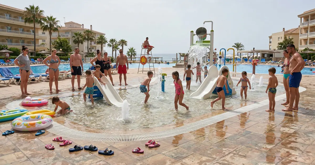 Children playing in a resort splash park pool in Torremolinos, Costa del Sol