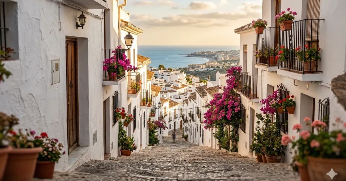 Białe uliczki Frigiliany z bugenwillami na balkonach i widokiem na Morze Śródziemne w tle