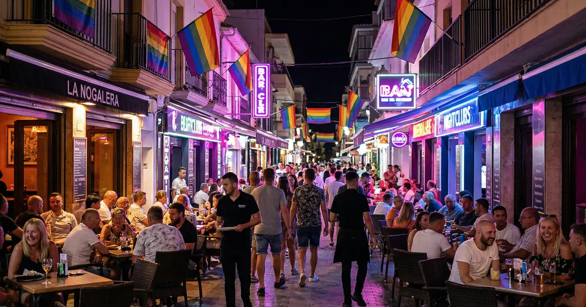 La Nogalera in Torremolinos at night with bars and rainbow flags