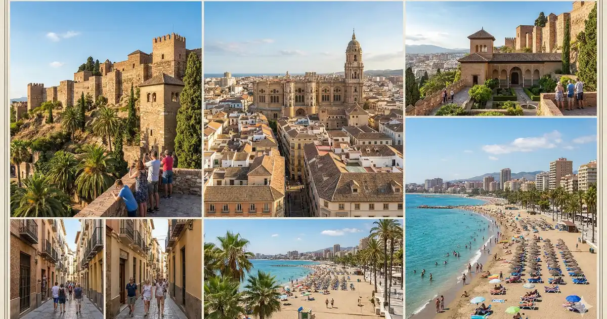 Kolaż atrakcji Malagi: Alcazaba, plaża La Malagueta i stare miasto z katedrą