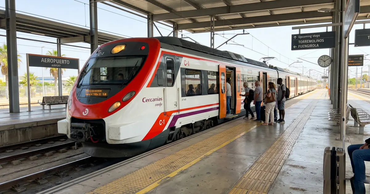 Cercanías commuter train at Málaga Airport station departing towards Torremolinos, Costa del Sol