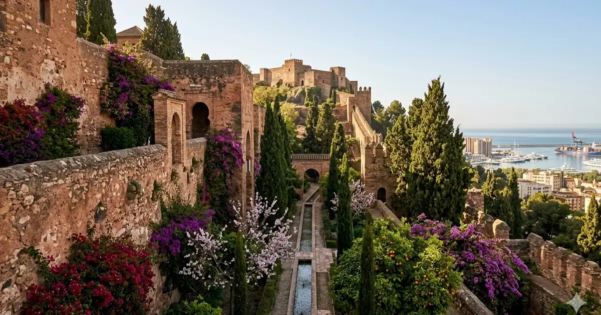Spektakularny, ultrarealistyczny widok na tarasowe ogrody Alcazaby w Maladze z mauryjskimi bramami, różowymi bugenwillami i Zamkiem Gibralfaro na wzgórzu w tle. W oddali widać błękitne Morze Śródziemne i port.