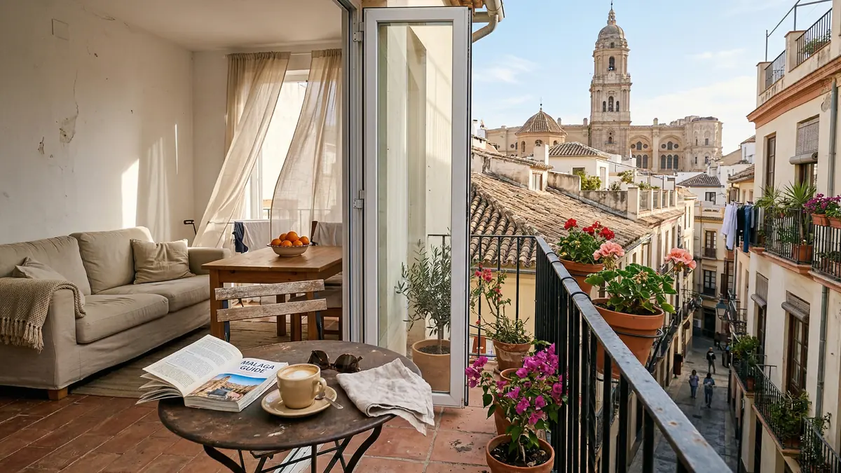 Bright holiday apartment in Malaga historic centre with whitewashed walls and terrace