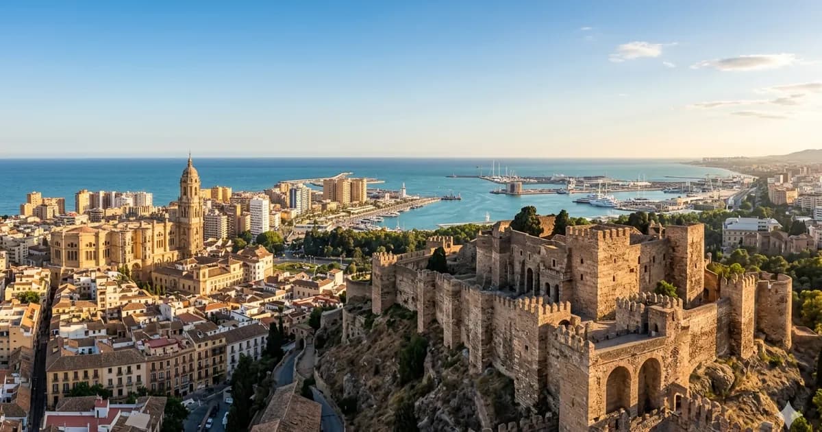 Panoramiczny widok Malagi o zachodzie słońca z twierdzą Alcazaba na wzgórzu, historycznym centrum z katedrą oraz portem Muelle Uno i Morzem Śródziemnym w tle.