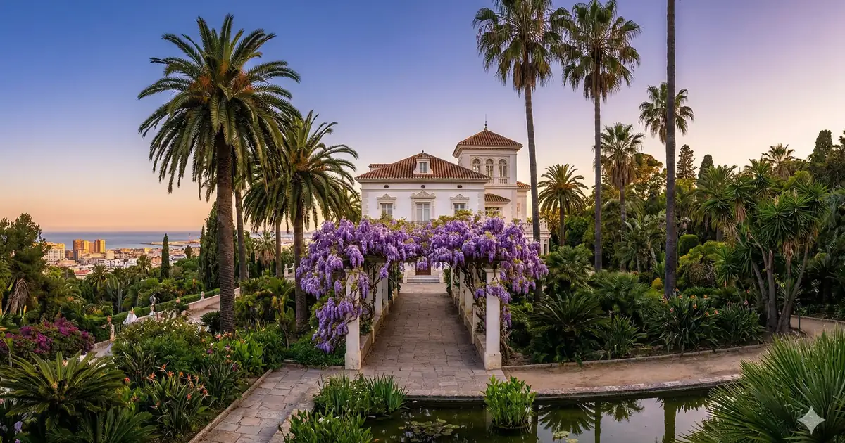 Lush tropical palm groves and the historic 19th-century villa at La Concepción Botanical Garden in Malaga, Spain, featuring a blooming purple wisteria pergola and water features in spring sunset light