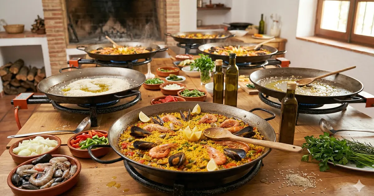 A photorealistic view of a rustic Malaga kitchen prepared for a cooking workshop, displaying multiple large cast-iron paella pans cooking on gas burners. In the foreground, a finished seafood paella with lemons, surrounded by bowls of fresh ingredients, chopped vegetables, olive oil, and raw rice on a wooden table.