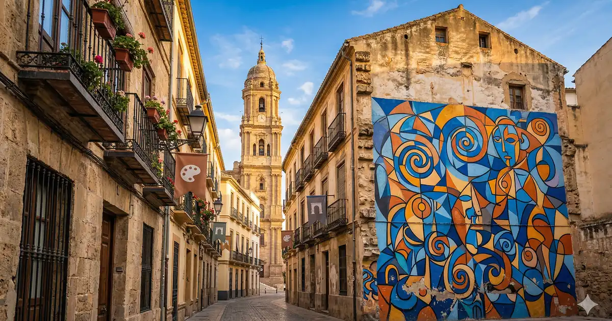 A photorealistic, detailed view from a sunlit narrow Malaga Casco Antiguo cobblestone street, leading towards the Cathedral tower (La Manquita) in the background. On the large old building facade to the right, a massive, colorful, abstract street art mural, combining geometric and Cubist elements inspired by Picasso, covers the entire wall. Wrought iron balconies and sunlit textures are prominent, completely empty of people.