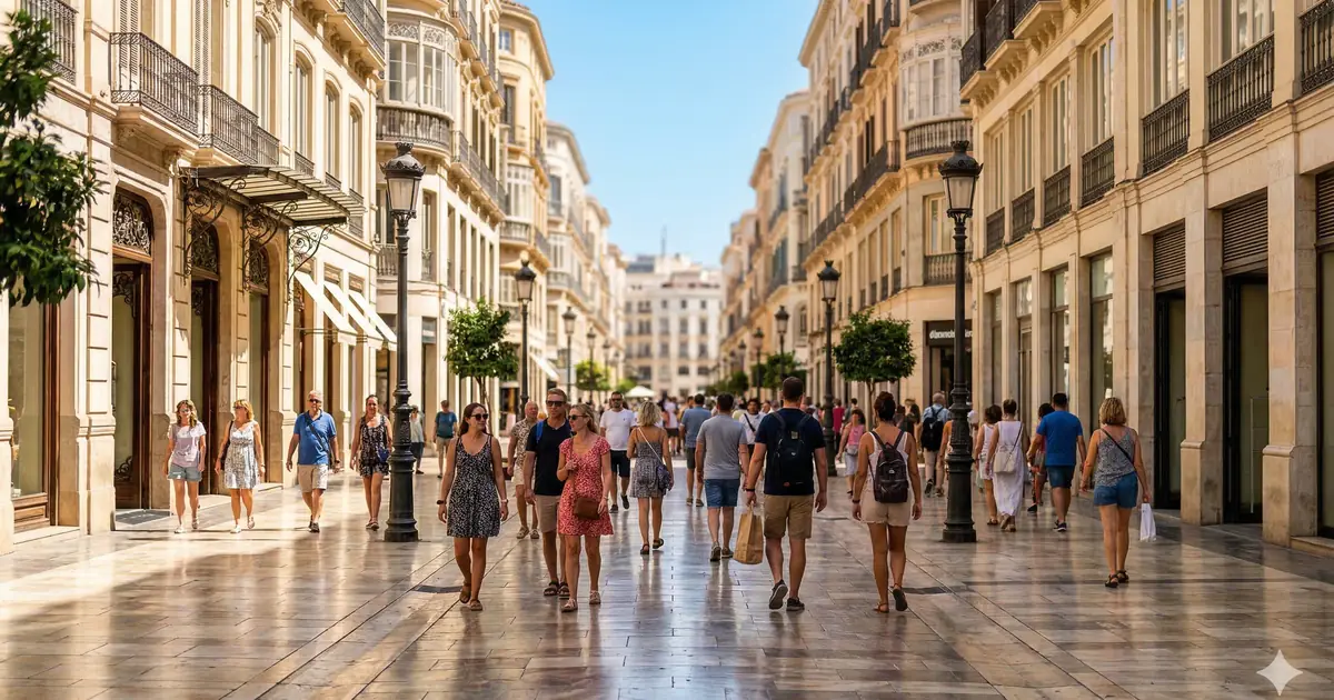 Calle Larios w Maladze, bezpłatny deptak z marmurowymi płytami i secesyjnymi kamienicami