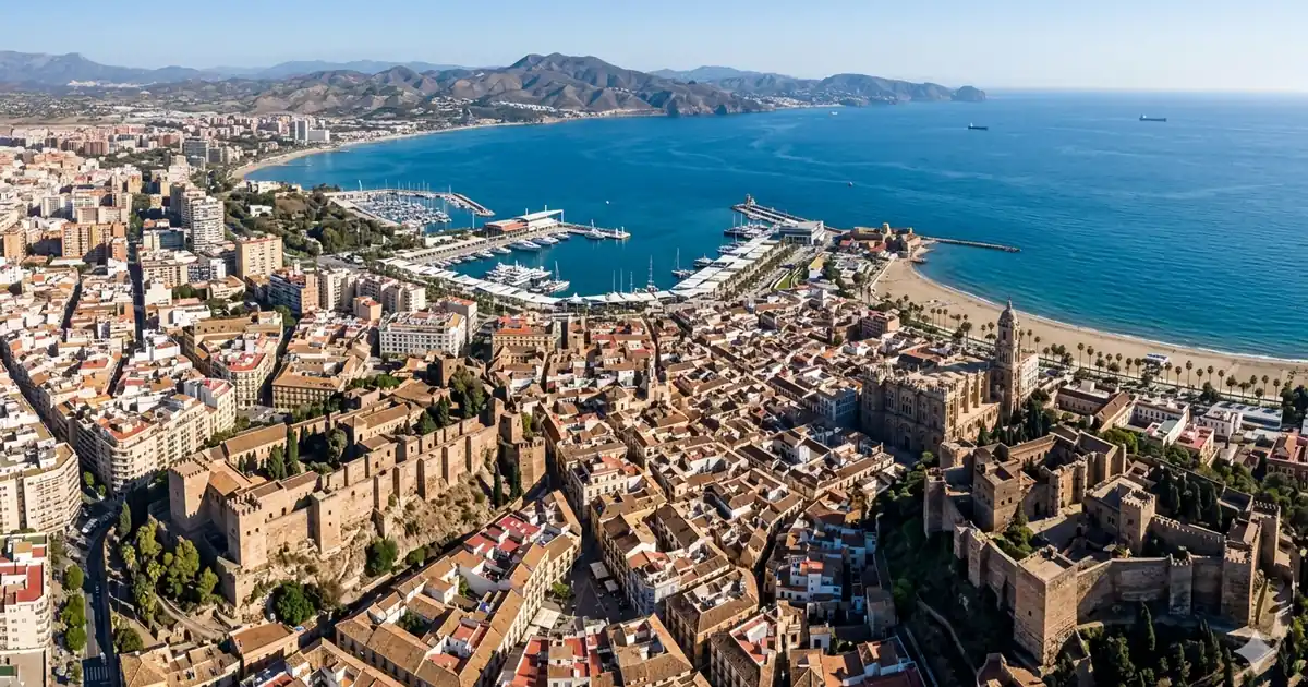 Panoramiczny widok Malagi z lotu ptaka obejmujący centrum historyczne, port Muelle Uno, dzielnicę Soho oraz plażę La Malagueta nad Morzem Śródziemnym.
