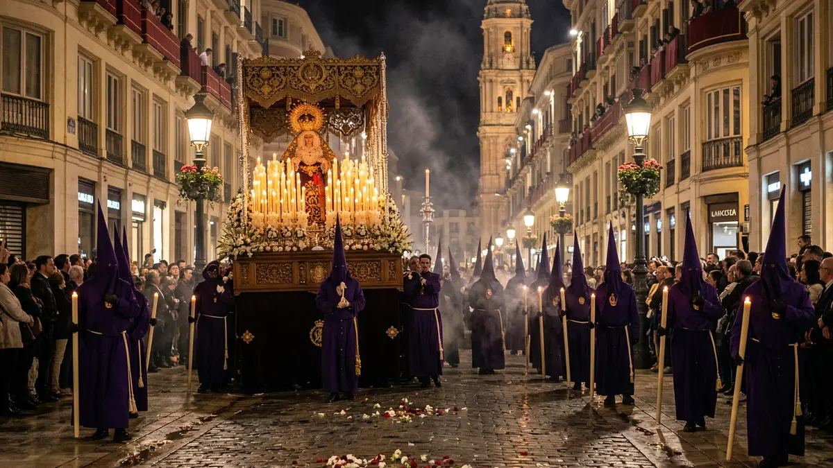 Semana Santa procession on Calle Larios Malaga at night with hooded penitents