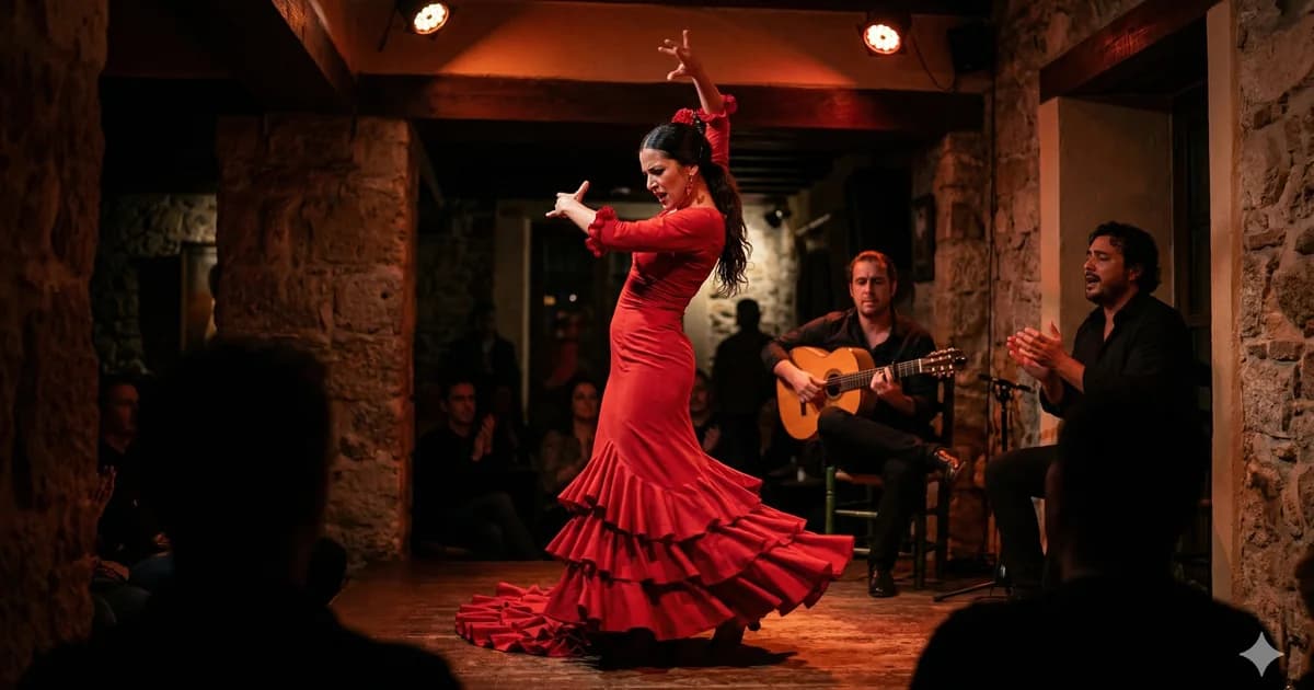 A dynamic, passionate female flamenco dancer in a swirling red ruffled dress performing under warm spotlights at an intimate tablao in the Malaga old town, capturing the movement, emotion, and authentic Andalusian atmosphere.