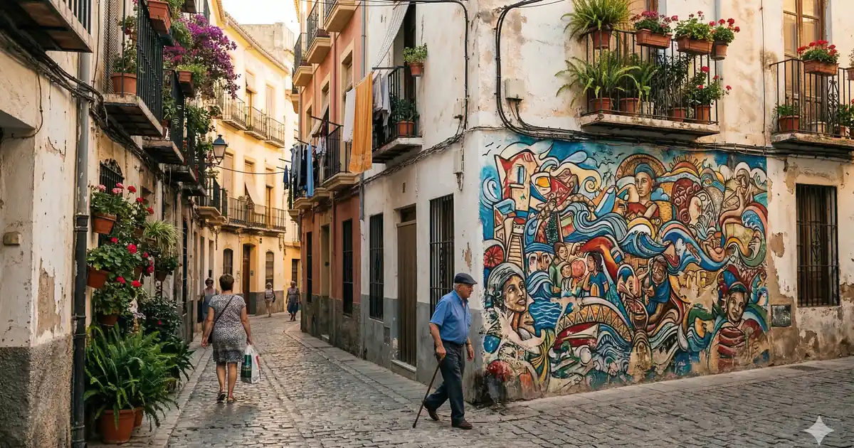 Street art mural on building facade in Lagunillas neighbourhood Malaga