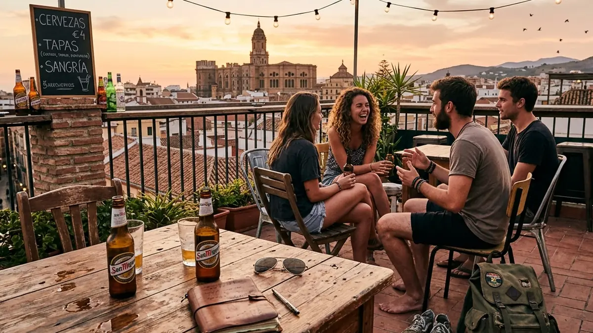 Rooftop hostel terrace in Malaga with travellers socialising at sunset