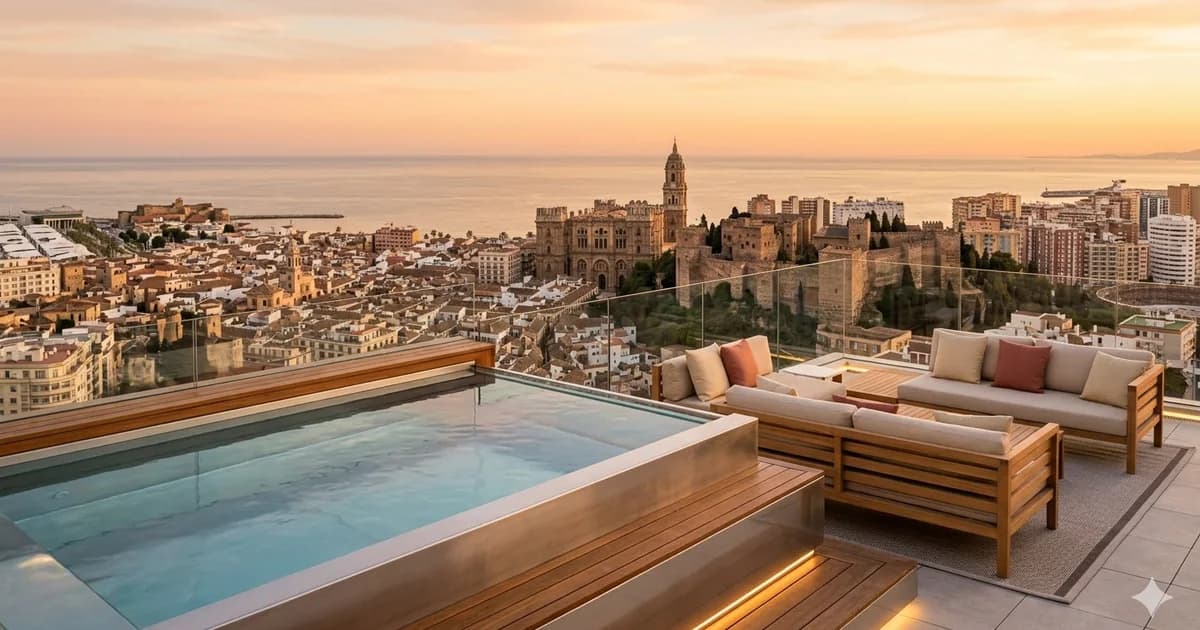Widok z luksusowego tarasu hotelowego w centrum Malagi z basenem infinity i panoramą katedry oraz starego miasta o zachodzie słońca.