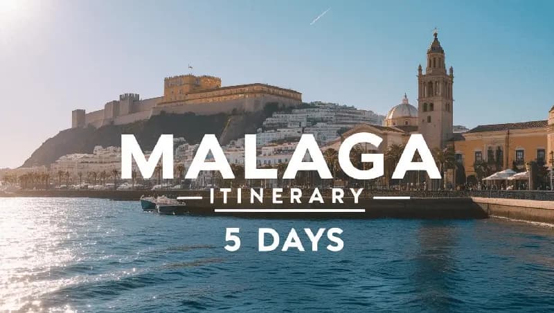 A scenic view of Malaga’s waterfront with Gibralfaro Castle on the hill, the cathedral on the right, and boats on the sparkling sea, with bold white text overlay reading Malaga Itinerary 5 Days.