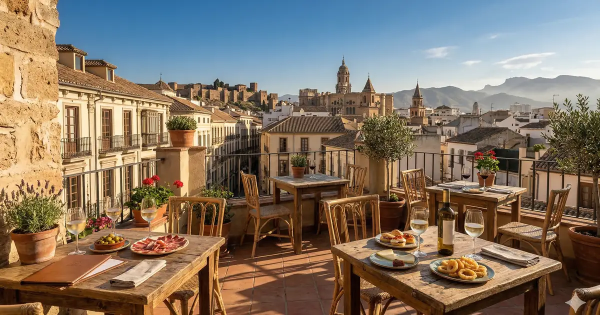 Pusty taras baru tapas w centrum Malagi z przygotowanymi przekąskami i kieliszkami wina