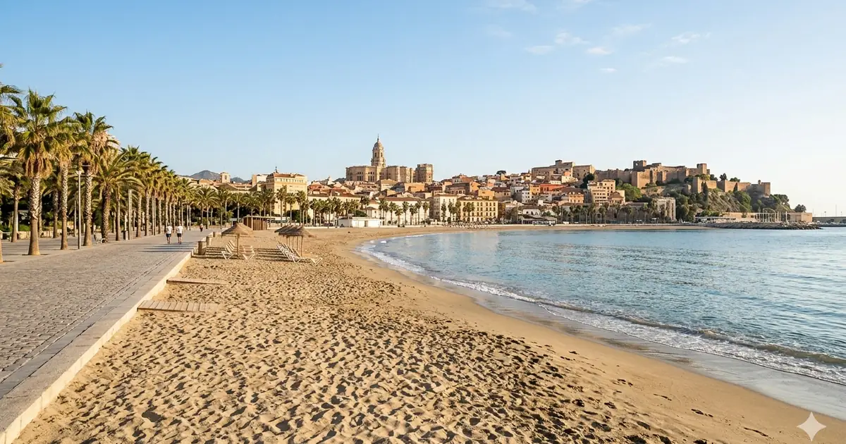 Plaża La Malagueta w Maladze z promenadą i widokiem na centrum miasta nad Morzem Śródziemnym.