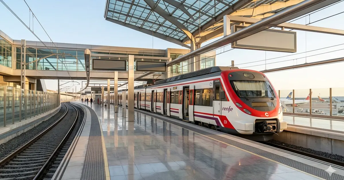 Nowoczesny pociąg Cercanías C1 na stacji kolejowej przy lotnisku Malaga z peronem i terminalem w tle.