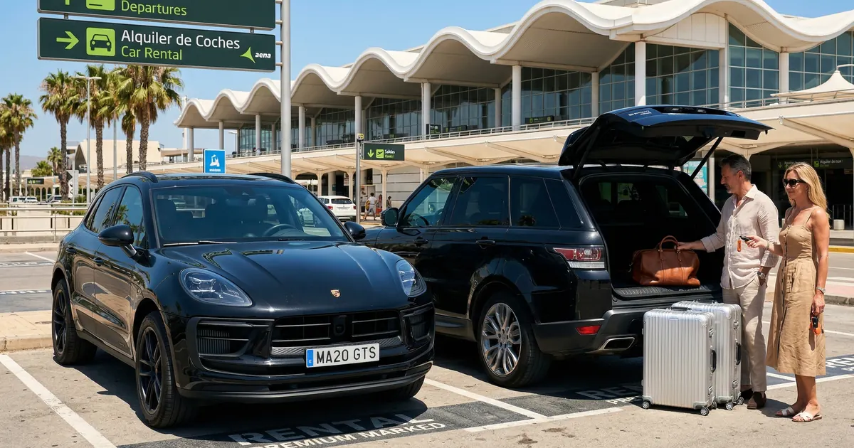 A black Mercedes-AMG G63 and a Porsche Macan parked outside Malaga Airport terminal