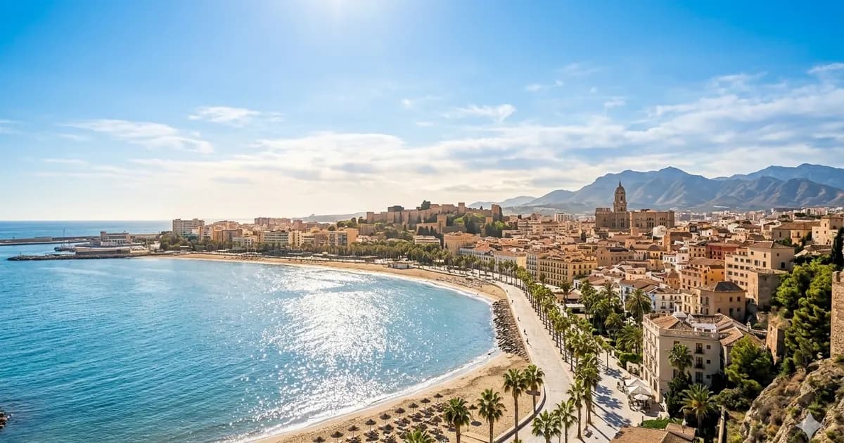 Słoneczny dzień na wybrzeżu Malagi z widokiem na morze, plażę La Malagueta i panoramę miasta w tle.