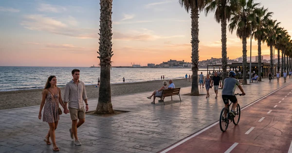 Malaga seafront promenade Paseo Maritimo at sunset with palm trees and sea views