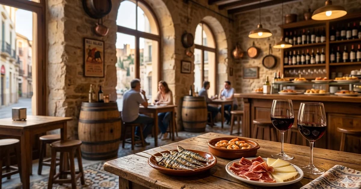 Bar tapas w centrum Malagi z kieliszkami wina i talerzami lokalnych przekąsek na drewnianym stole.