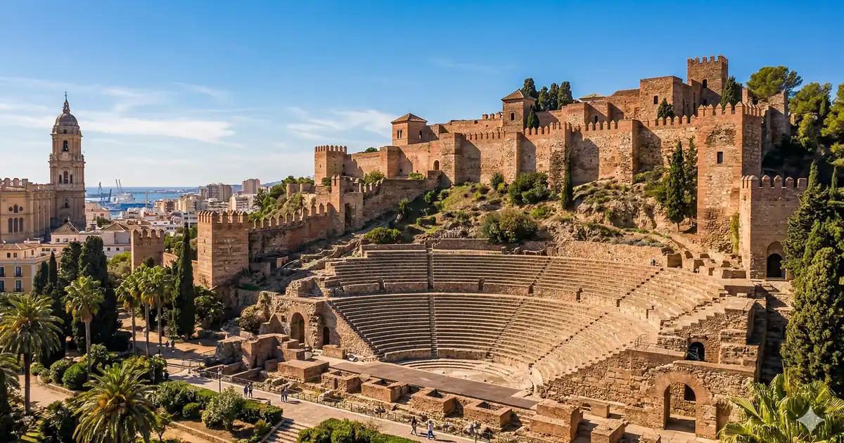 Panoramic, photorealistic view from Malaga city centre showing the ancient stone seating tiers of the free Roman Theatre in the foreground, with the complex walls and towers of the Alcazaba fortress rising immediately above it on Mount Gibralfaro under a clear Andalusian sky