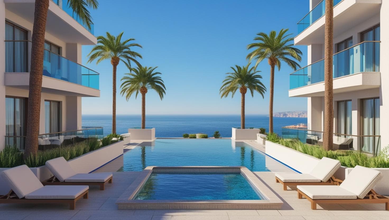 Modern seafront hotel in Malaga with palm trees, sun loungers, and an infinity pool overlooking the Mediterranean Sea under a clear blue sky.