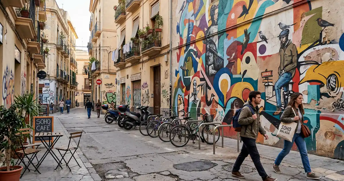 Large-scale street art mural on building facade in Malaga Soho arts district