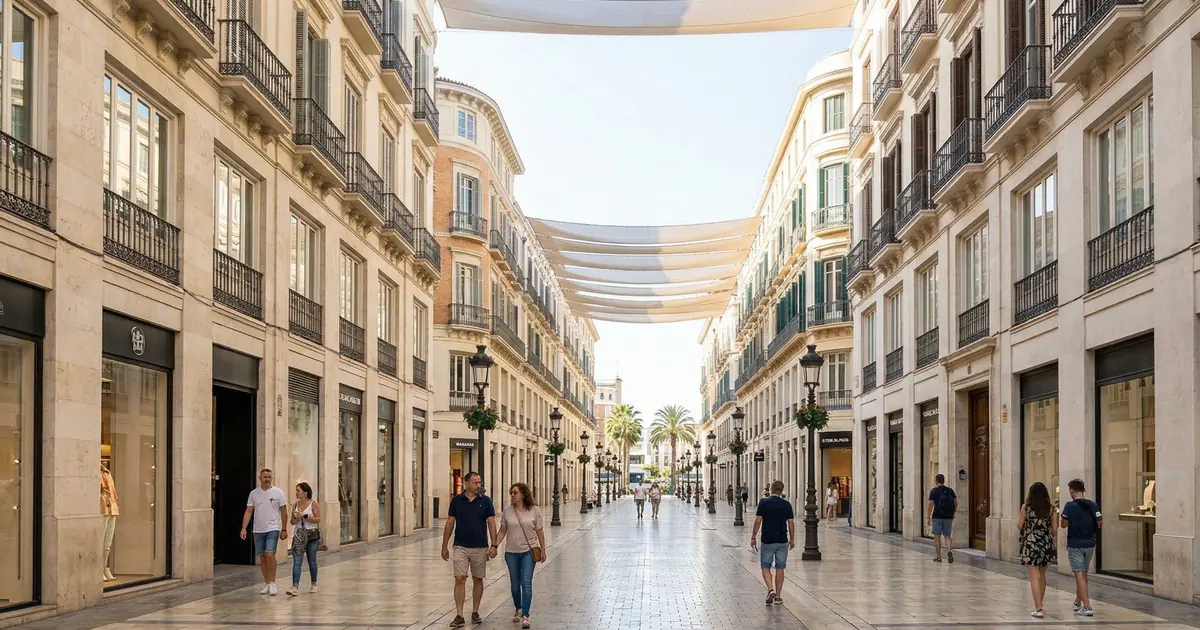Calle Marques de Larios pedestrian street in Malaga old town on a sunny day