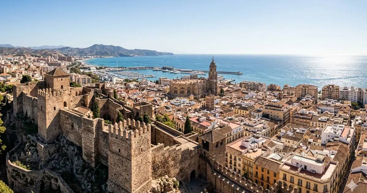 Panorama Malagi z widokiem na Alcazabę i stare miasto w słoneczny dzień.
