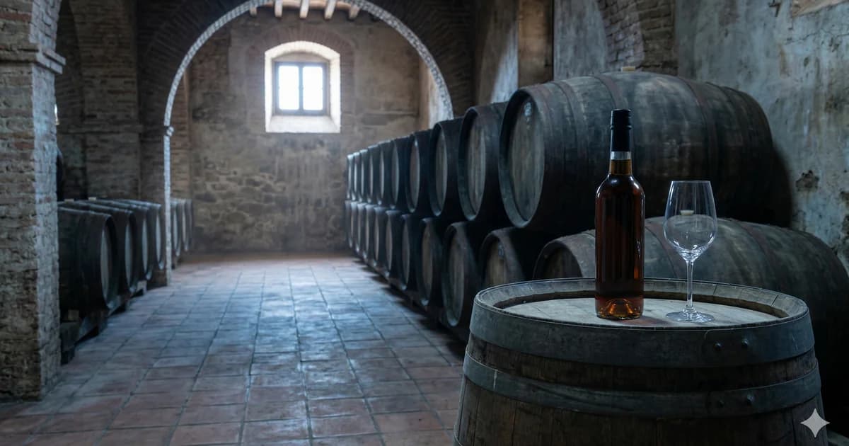 A photorealistic, atmospheric interior of a traditional Malaga wine bodega. Rows of dark, aged oak barrels used for the solera aging system are stacked against stone walls under a brick archway. In the foreground, a single wine bottle and a clear glass filled with dark amber-colored Malaga sweet wine rest on top of a rustic wooden barrel, illuminated by soft natural light from a small window.