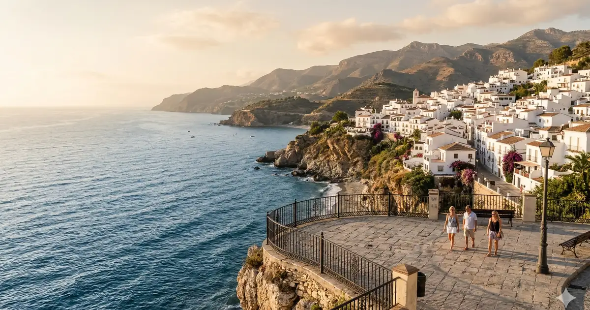Balkon Europy w Nerji z widokiem na klif i Morze Śródziemne, w tle białe domy Frigiliany na wzgórzu