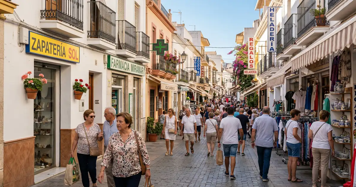Torremolinos town centre with Calle San Miguel and pedestrians in morning light