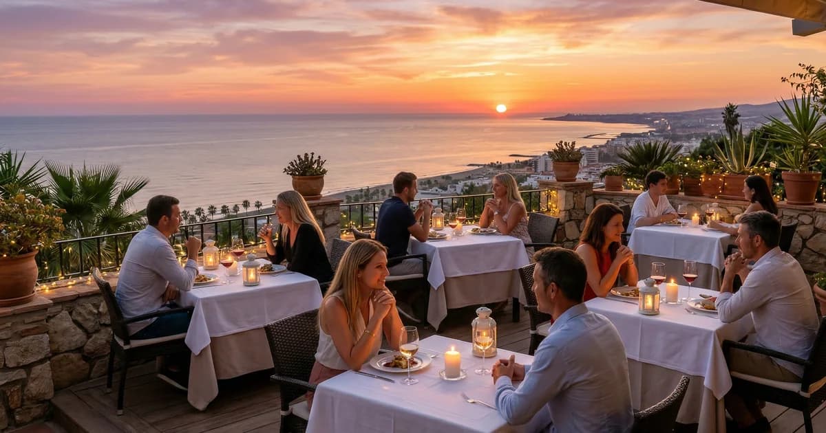 Candlelit terrace restaurant in Torremolinos at sunset with sea view and couples dining under soft lighting