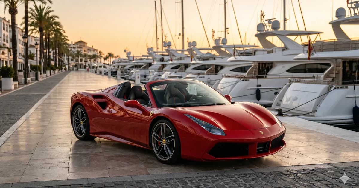 A photorealistic, wide-angle shot of a vibrant red Ferrari 488 Spider with the roof down, parked on the polished stone pavement of the Puerto Banús marina boulevard in Marbella. In the background, a long row of multimillion-euro luxury white yachts is docked along the pier under a warm, golden sunset sky. Mediterranean palm trees and high-end white buildings line the promenade, reflecting the affluent atmosphere of the Costa del Sol. The lighting is soft and cinematic, highlighting the car's aerodynamic curves and the sparkling water of the harbor. No people, text, or logos are visible in the frame.
