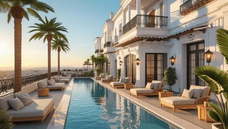 Elegant boutique hotel in Malaga with white Mediterranean architecture, a rooftop pool, sun loungers, palm trees, and sunset views over the city.