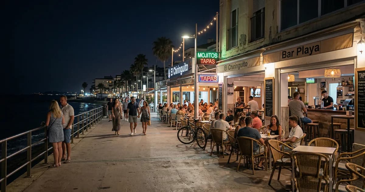 Torremolinos promenade at night with bars and beach clubs lit up along the Costa del Sol