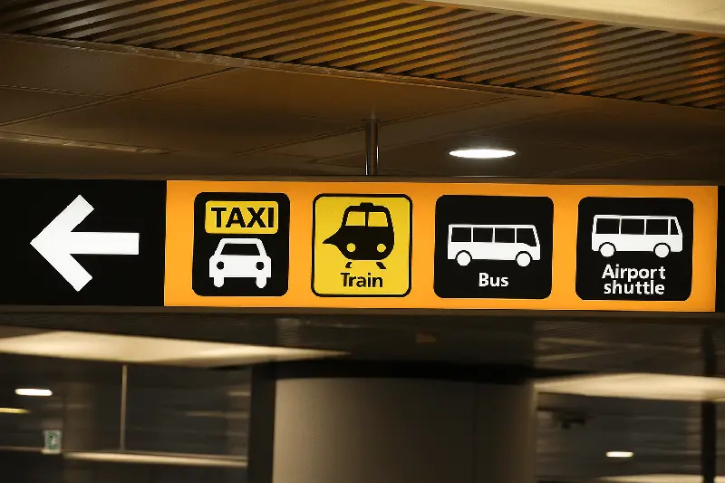 Directional airport sign showing options for taxi, train, bus, and airport shuttle at Malaga Airport.