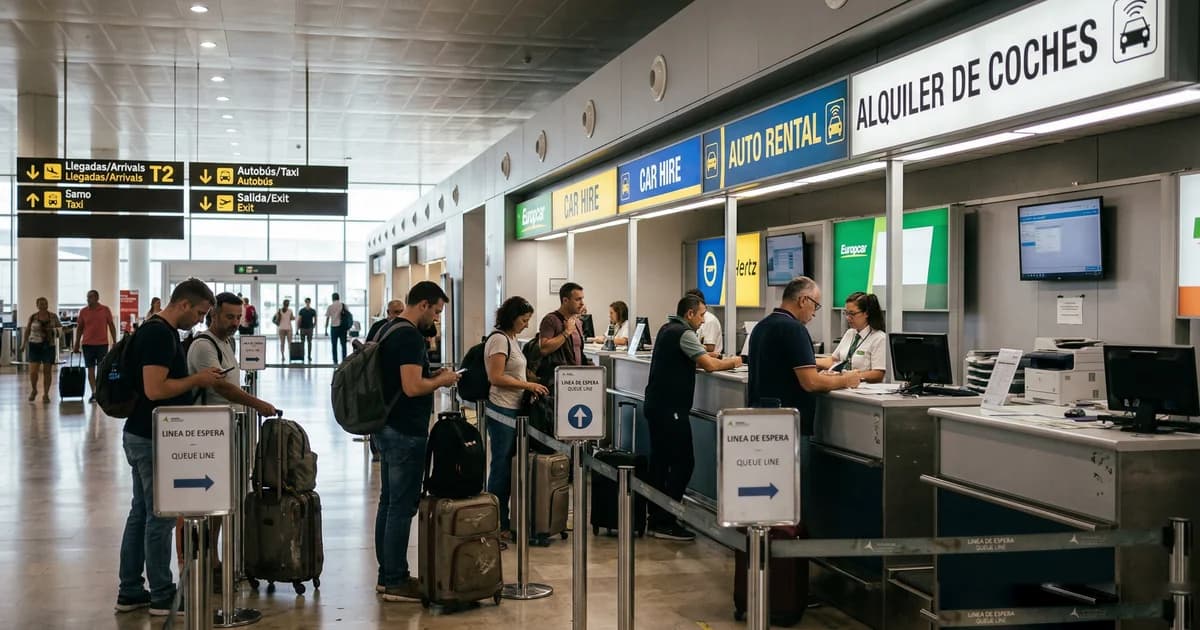 Car hire desks at Málaga Airport terminal with rental company signs, Costa del Sol