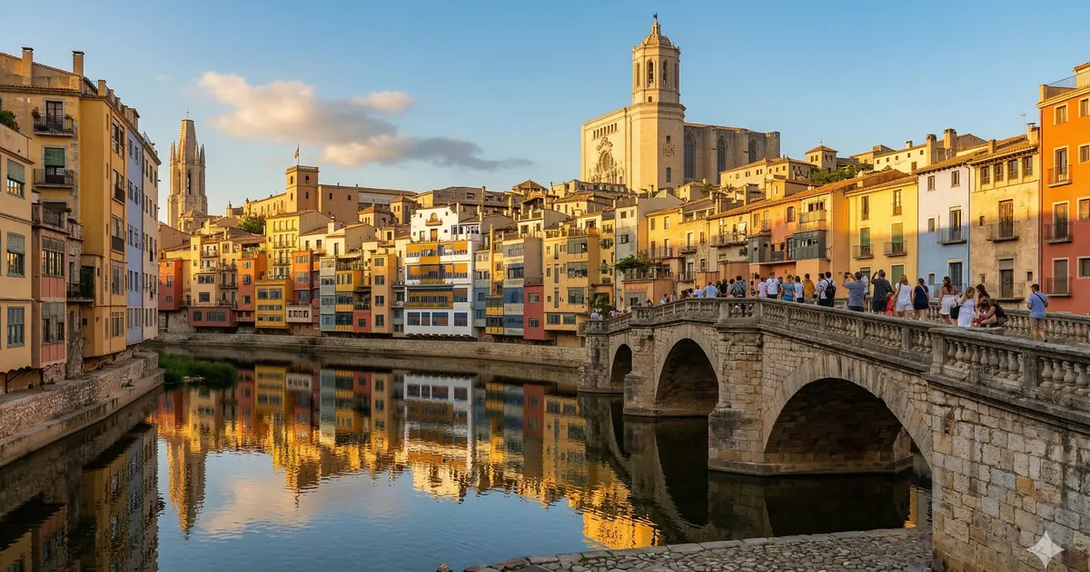 Girona old town colourful houses reflected in the Onyar river Costa Brava day trip