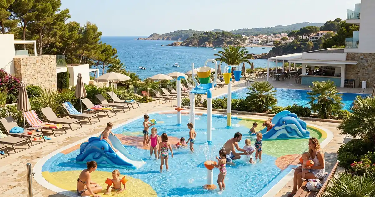 Family hotel pool in Costa Brava with kids splash area and sea views