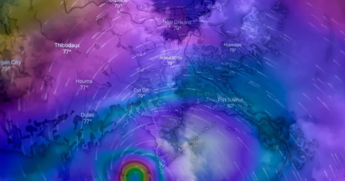 Colorful weather map showing a swirling hurricane with wind patterns and temperature overlays around