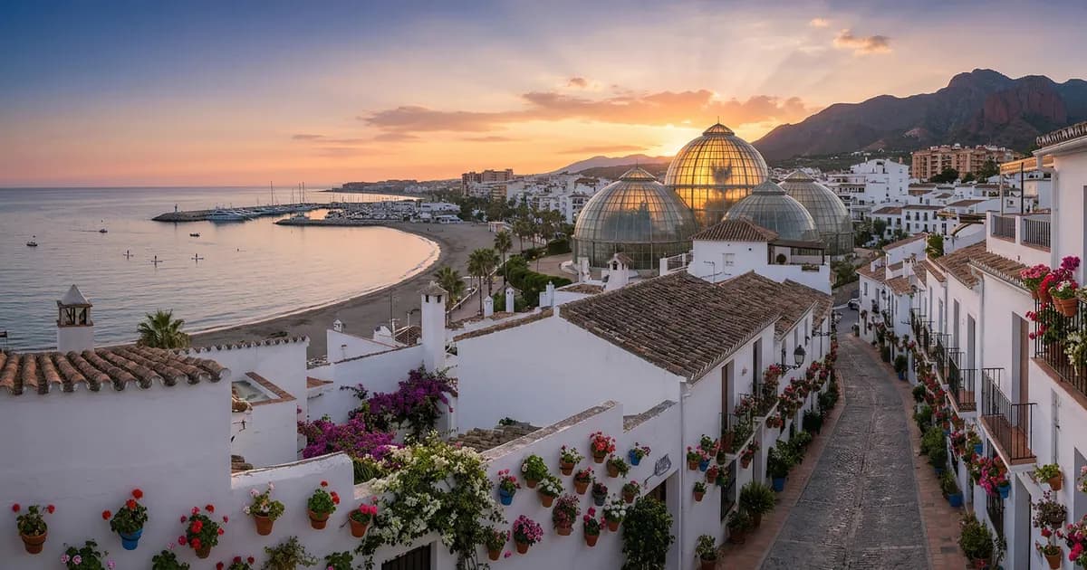 Panoramic view of Estepona old town at sunset, featuring whitewashed houses with colourful flower pots on a cobblestone street, the glass domes of the Orchidarium, and the Sierra Bermeja mountains in the background.